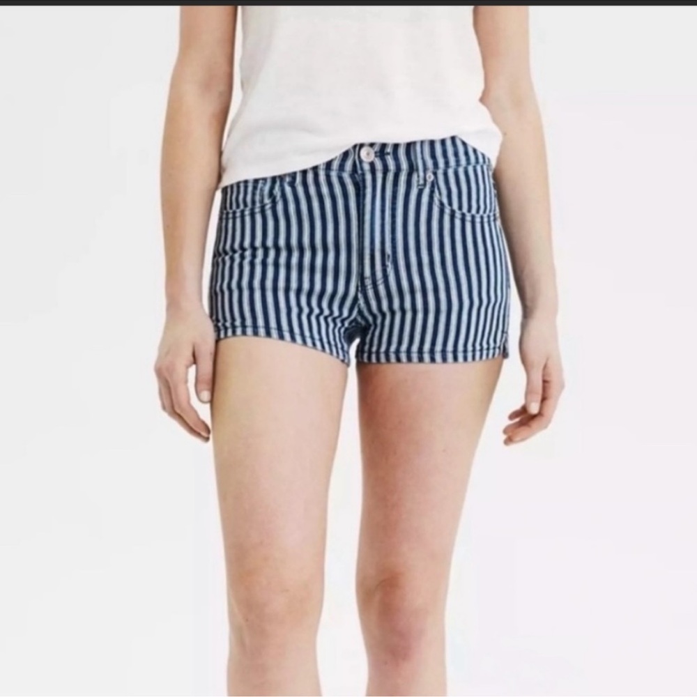 American Eagle High Rise Shortie Next Level Stretch Denim Navy Stripe Shorts 0
